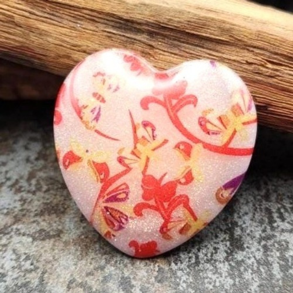 Heart Shape Size 7 Statement Ring Pink Floral Pattern and Glitter Resin Large